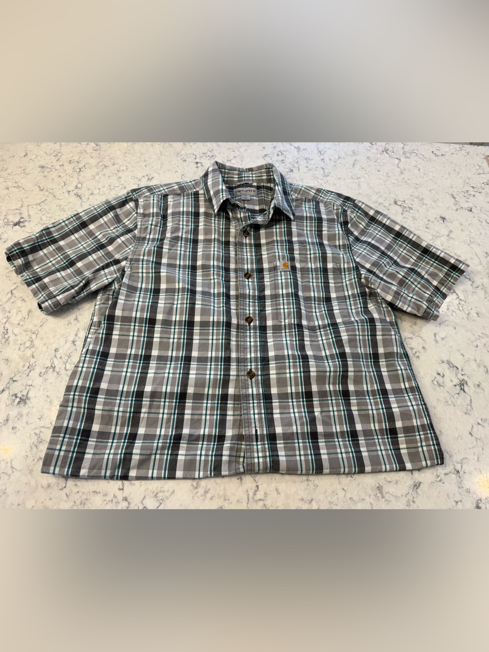 Carhartt Short-Sleeve Plaid Button-Down Shirt - Gray, Black, Green. Size Mens M